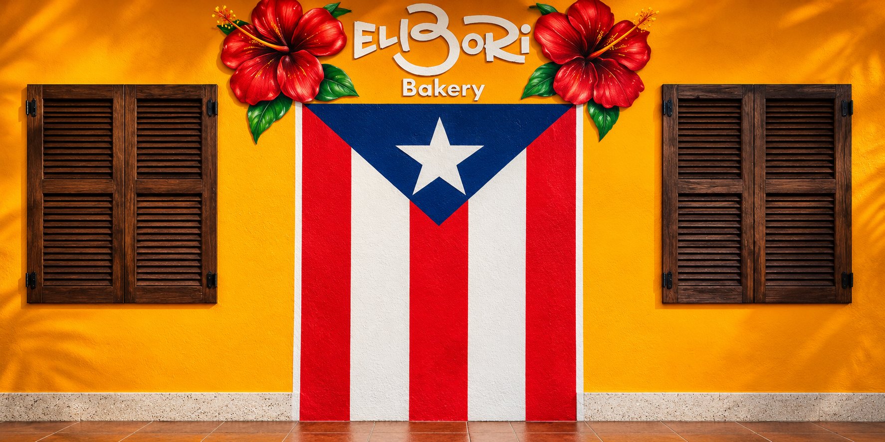 El Bori Bakery mural with the Puerto Rican flag and hibiscus flowers